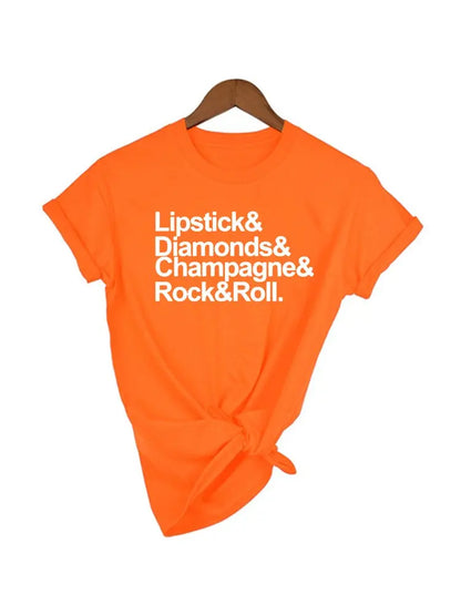 Lipstick Diamonds Champagne Rock and Roll Women Shirts Streetwear Short Sleeve Casual O-Neck T-shirt Tumblr Tops Tee tshirts