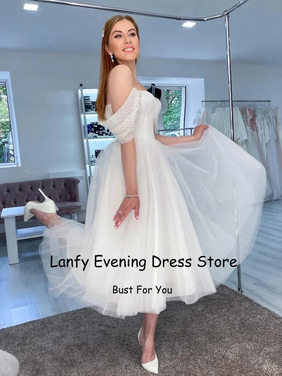 Tulle Little White Wedding Dresses 2023 Sweetheart A-line Short Bride Gowns Tulle Mid Civil Wedding Dress Engagement Skirts LUXLIFE BRANDS