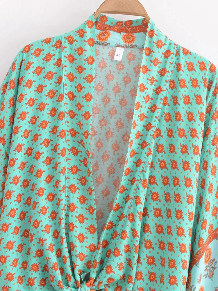 Vintage Green Floral Boho Kimono Short Beach Robe