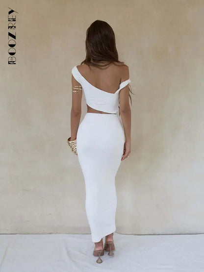 BoozRey Elegant Diagonal Collar White Robe Long Dress for Women Sexy Hollow Evening Summer Party Club Clothing 2022 Maxi Dresses - LUXLIFE BRANDS