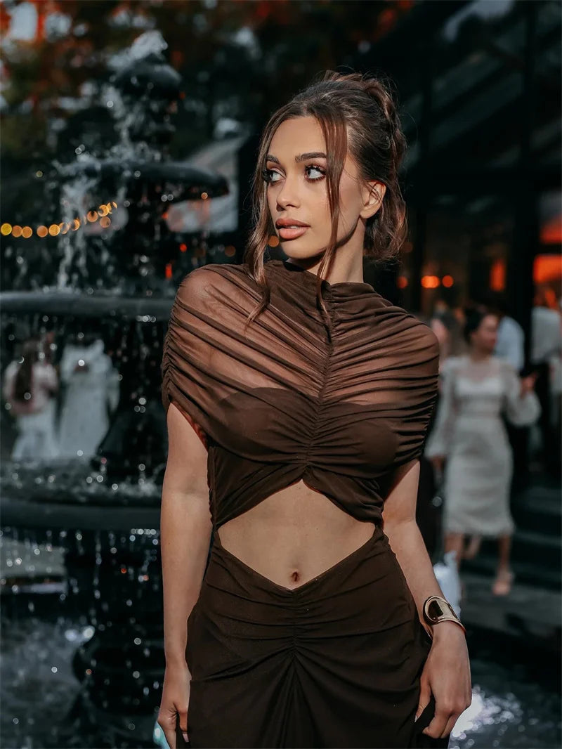 Mozision Hollow Out Short Sleeve Sexy Maxi Dress Women Fashion O Neck Ruched High Waist Bodycon Club Party Long Dress Female Luxlife Brands