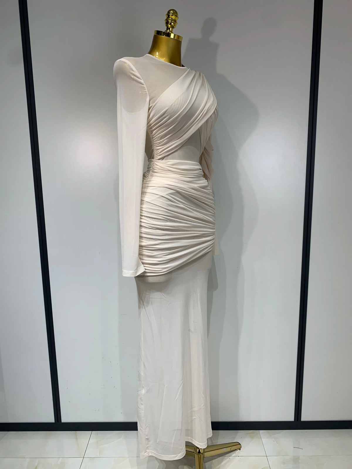 Ruched Mesh Draped Bodycon Maxi Dress Long Sleeve Illusion Evening Gown