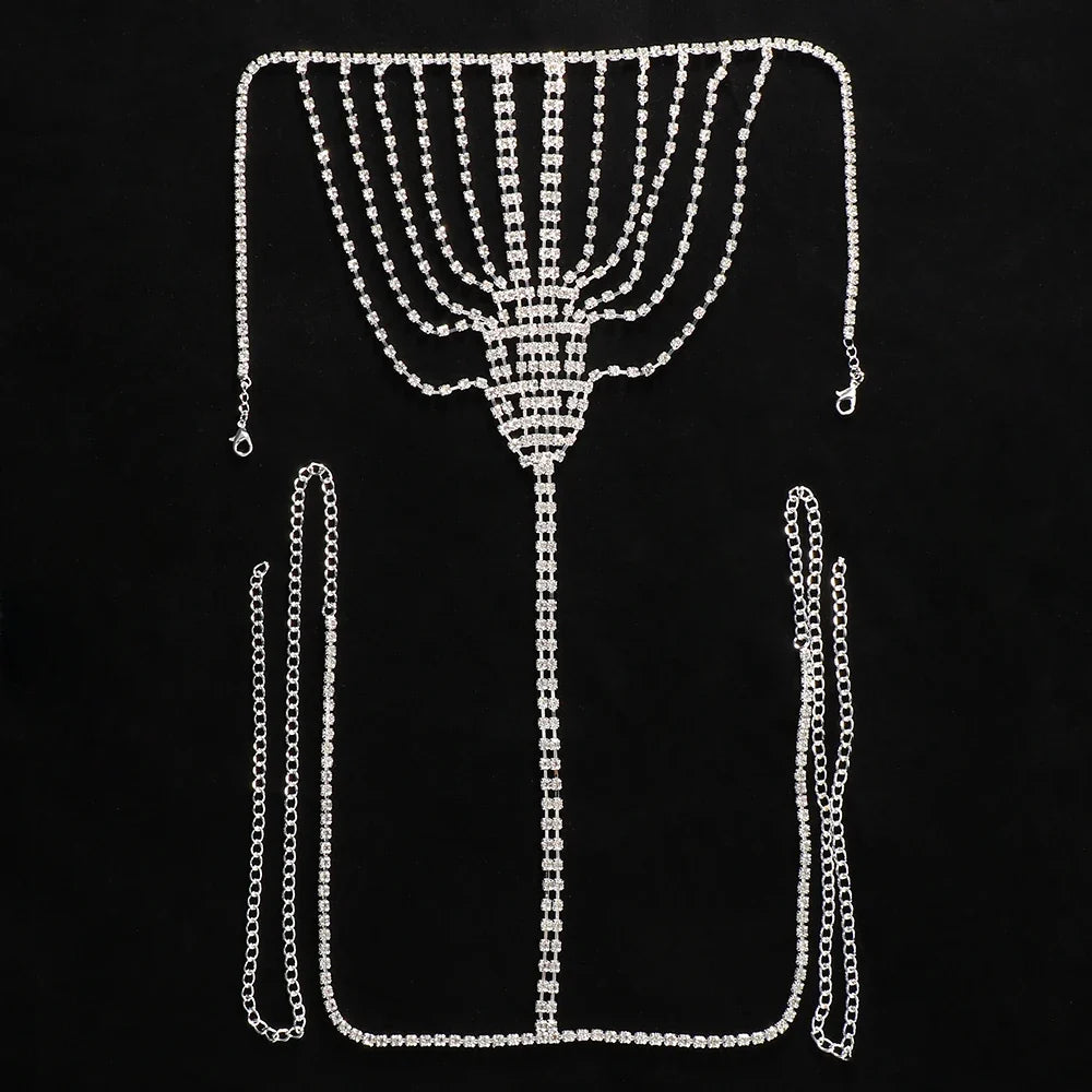 Geometric Rhinestone Tassel Thong Body Chain – Luxury Crystal Lingerie & Shimmering Waist Harness for Raves, Festivals & Beachwear