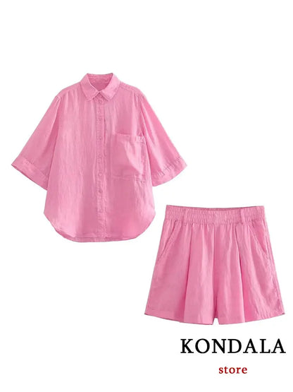 KONDALA Casual Chic Pink Women Suit Single Breasted Turn-down Collar Blouse Loose Straight Shorts New Fashion 2023 Summer Sets