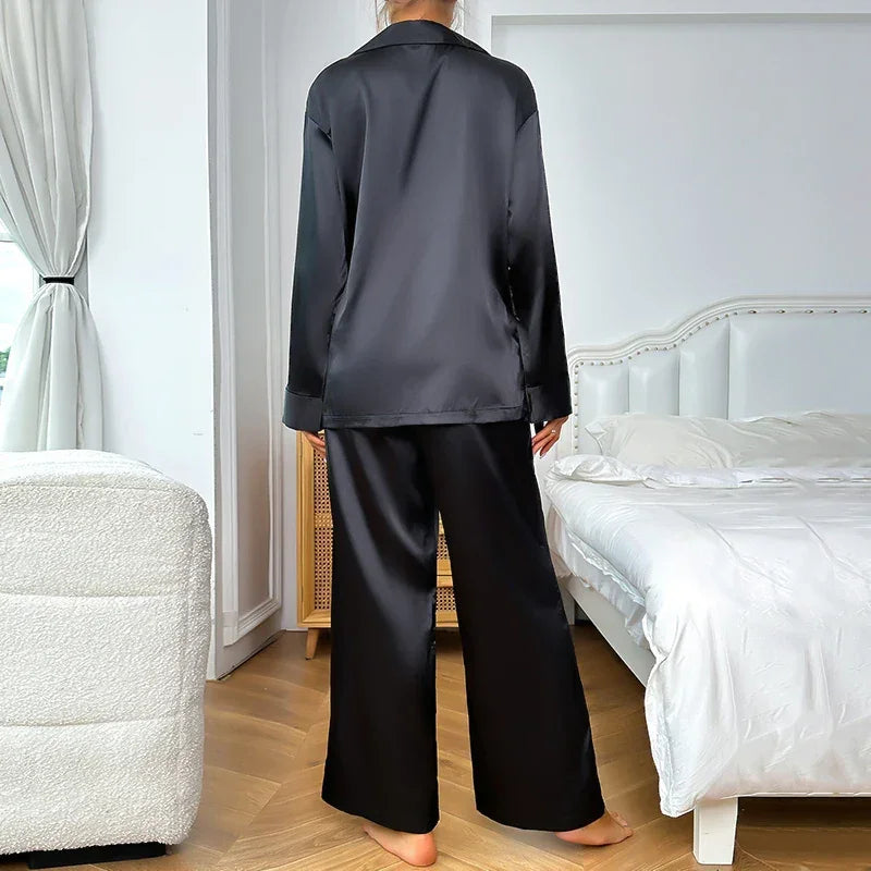 Women's Satin Silk Sleepwear Low Cut Sexy Home Clothes Pajamas For Femme Single-Breasted Long Sleeves Wide Leg Pants Trouser Set Luxlife Brands