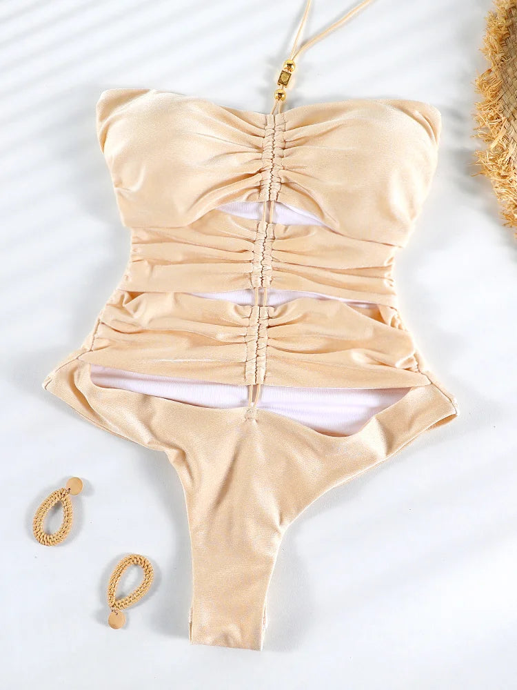 Miyouj Solid Color Swimwear Women's Swimsuit Bandage One Piece Suit High Waist Beachwear High Cut Bathsuit Hollow Out Swimsuits Luxlife Brands