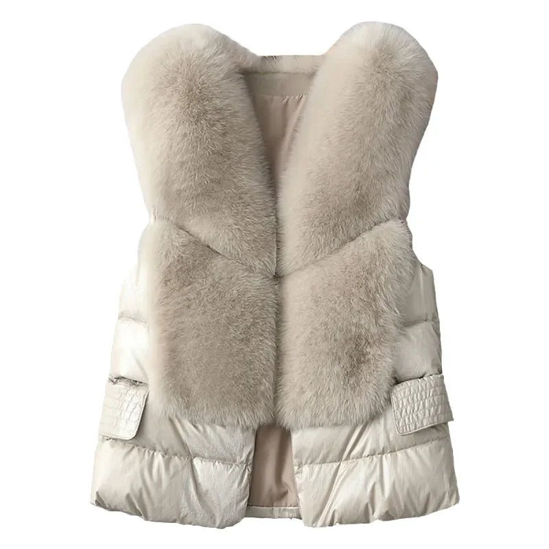 Leather and Fur Vest Women's Short Down Feather Imitation Fox Slim Temperament Jacket 23 New Autumn and Winter Fashion All-match LUXLIFE BRANDS