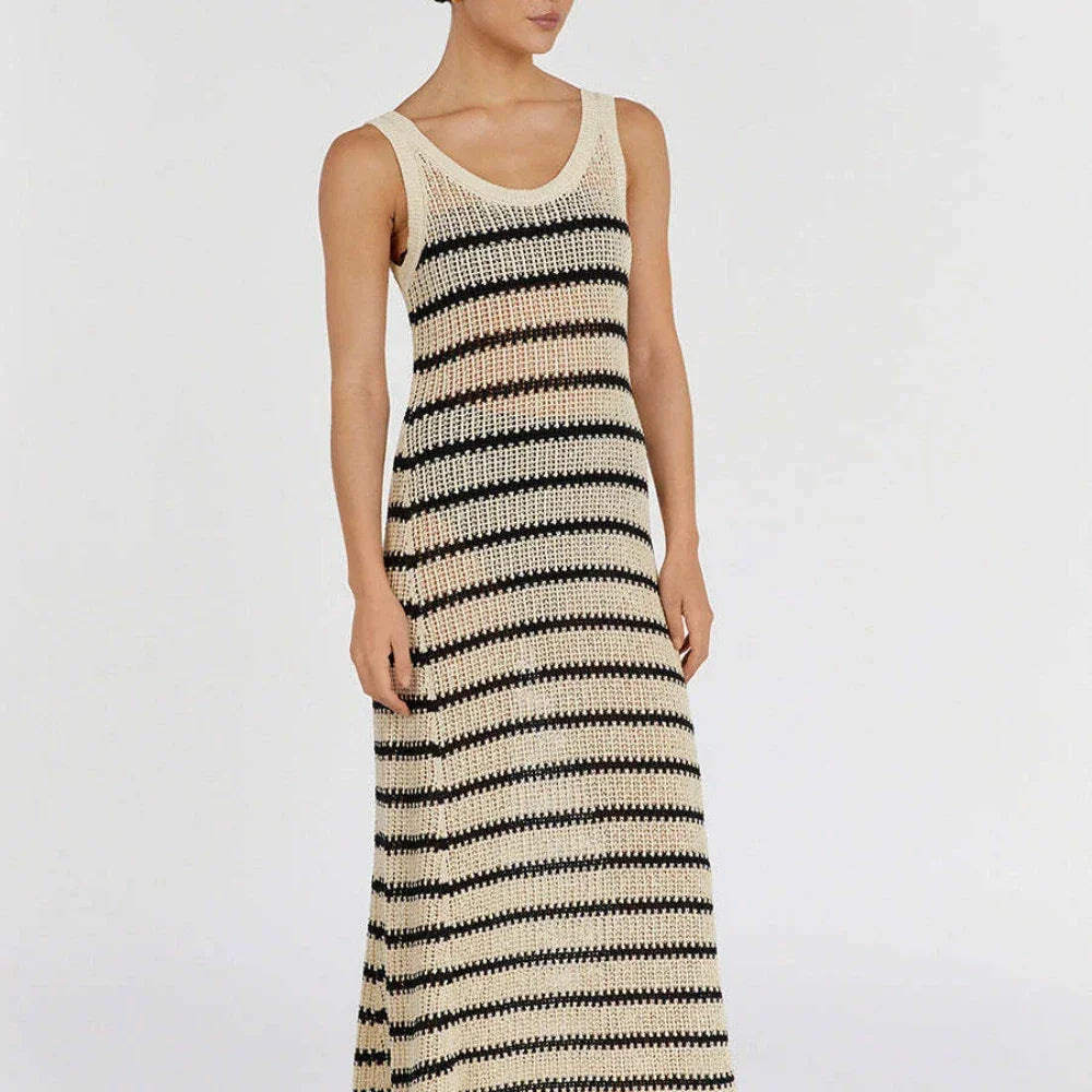 Black Striped Knitted Beach Dress Women Elegant Causal Loose Long Holiday Dresses Summer Sleeveless Bikini Cover Up Dress 2024 LUXLIFE BRANDS