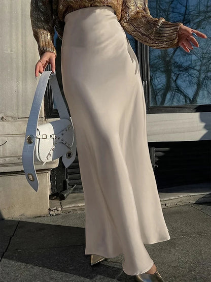 Satin High Waist Flare Long Skirt