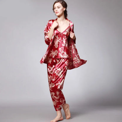 Women's Silk Satin Pajamas Set 3 Pcs Floral Silky Pj Sets Sleepwear Cami Nightwear with Robe and Pant