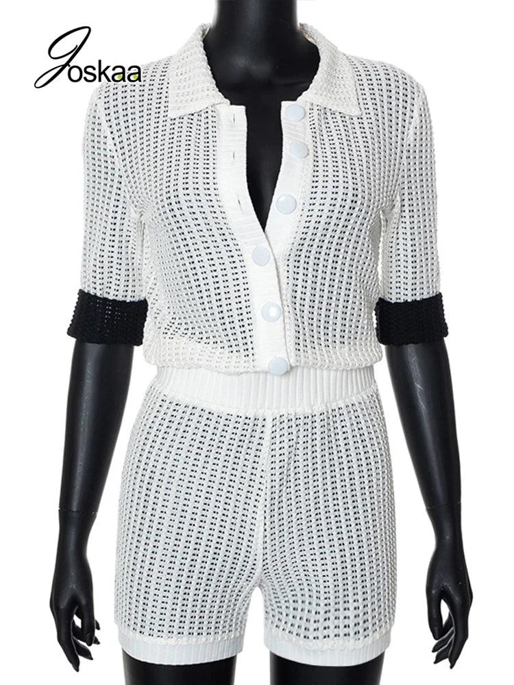 Joskaa Contrast Color Lapel Short Sleeve White Playsuits Women Single Breasted Bodycon Rompers Fall Fashion Overalls Streetwear LUXLIFE BRANDS