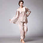 Women's Silk Satin Pajamas Set 3 Pcs Floral Silky Pj Sets Sleepwear Cami Nightwear with Robe and Pant Luxlife Brands