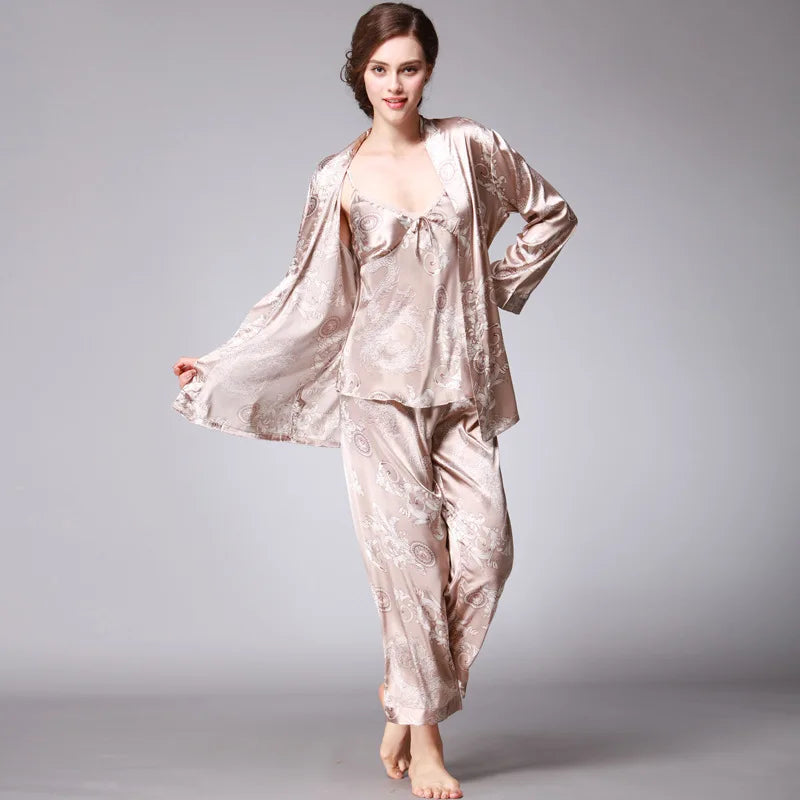 Women's Silk Satin Pajamas Set 3 Pcs Floral Silky Pj Sets Sleepwear Cami Nightwear with Robe and Pant