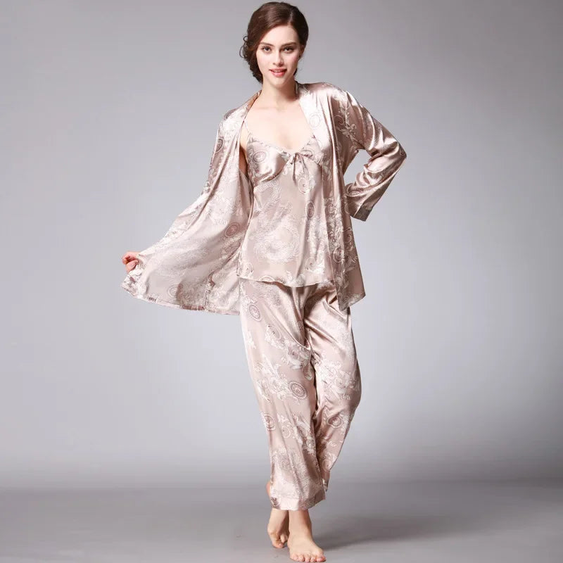 Women's Silk Satin Pajamas Set 3 Pcs Floral Silky Pj Sets Sleepwear Cami Nightwear with Robe and Pant