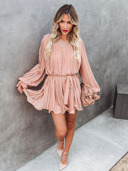 Elegant Solid Lace-up V-neck Button Ruffle Skirt 2023 New Autumn Winter Women Clothes Sexy Long Sleeves Party Mini Dress A1750