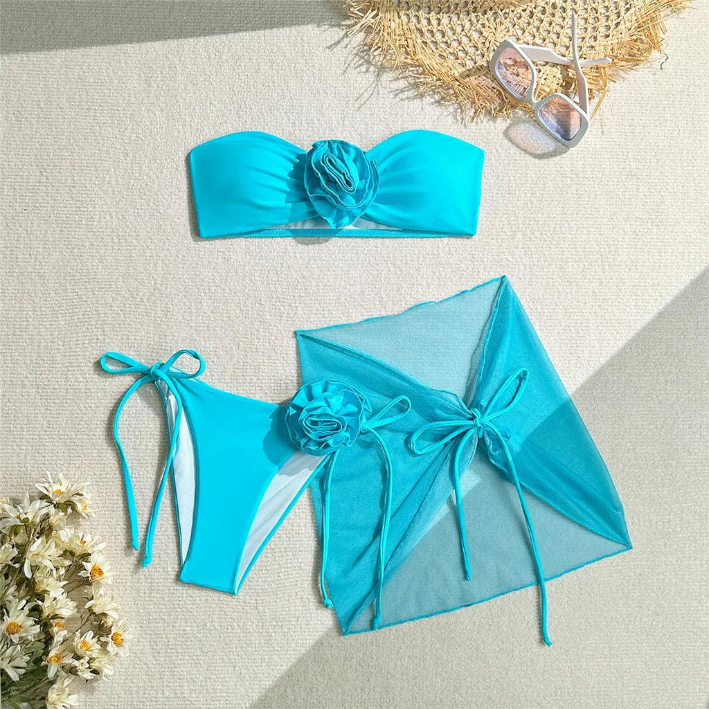 New 3D Flowers With Sarong Bandeau Bikini Female Swimsuit Women Swimwear Three-pieces Bikini set Bather Bathing Suit Swim V5526