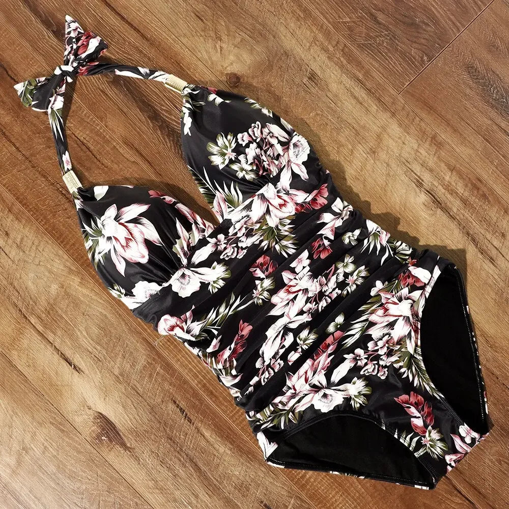 RXRXCOCO Women's Swimsuit One Piece Push Up Swimwear Women Neck Hanging Backless Sexy Bathing Suit Black Blue Beachwear Swimsuit