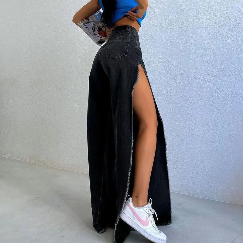 High Waisted Side Split Out Jeans Women Casual Loose Cargo Black Pants Streetwear Autumn Wide Leg Long Baggy Y2k Jeans XY23154SK LUXLIFE BRANDS