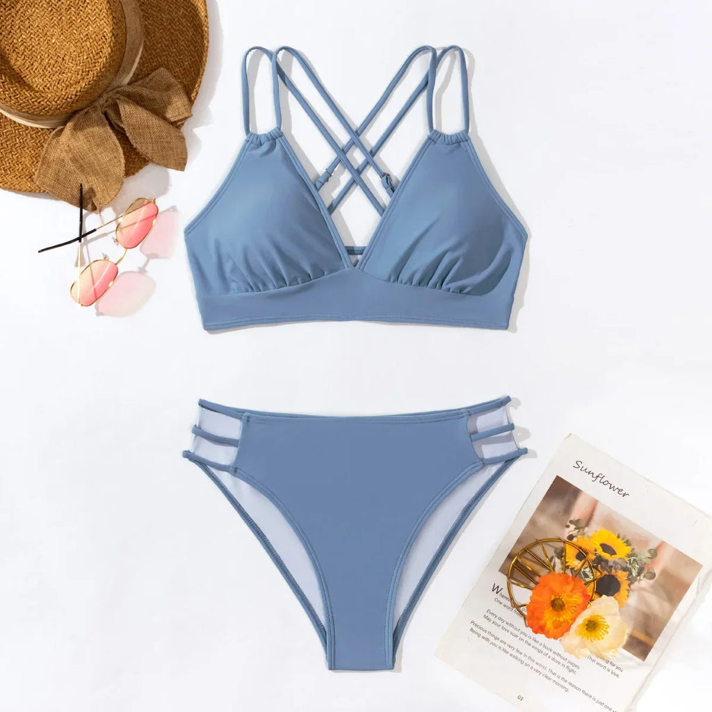 Women's  Split Bikini Suit Double Shoulder straps Bra Cross-adjustable waist Hollow Female swimsuit Sexy Beach Set
