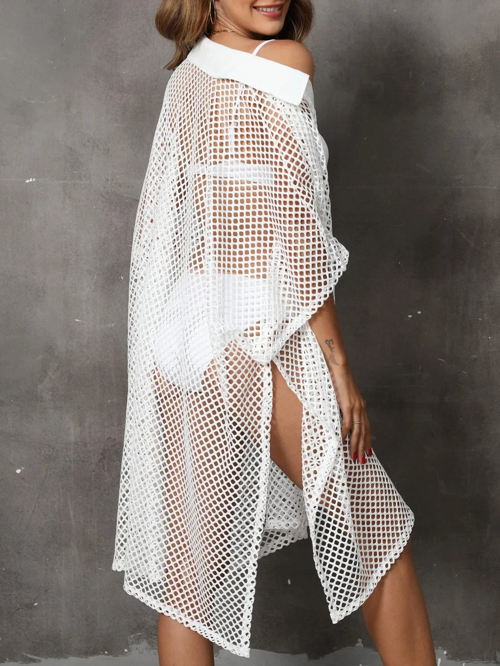 New 2024 Summer Dress Sexy Mesh Kimono Beachwear Button Shirt for Women Bathing Suit Coverup Sun Dress White Cardigan Tu LUXLIFE BRANDS