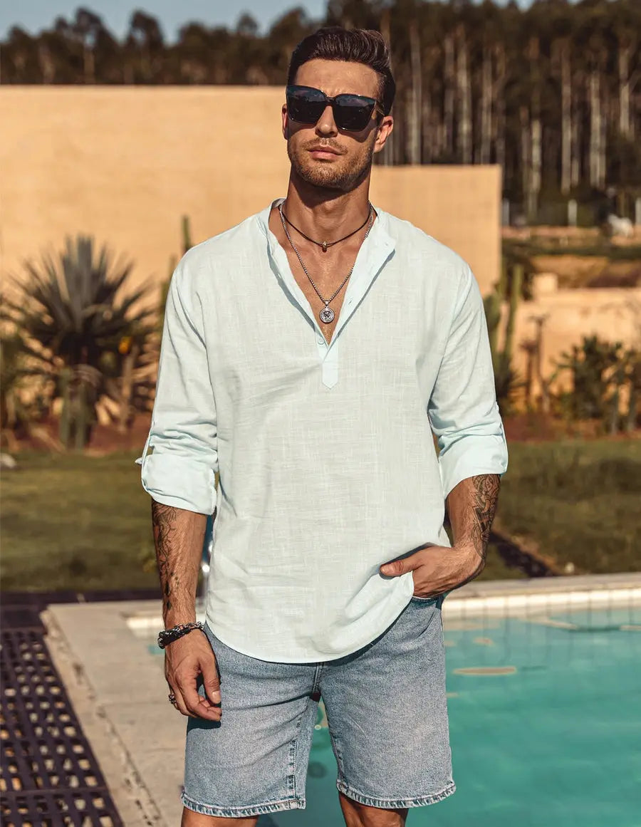 EEWOLDIA Men&#39;s Casual Blouse Cotton Linen Shirt Loose Tops Long Sleeve Henley Shirt Spring Autumn Handsome Shirts