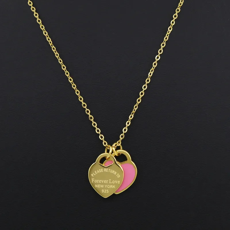 Double Heart SS Pendant Necklace LUXLIFE BRANDS