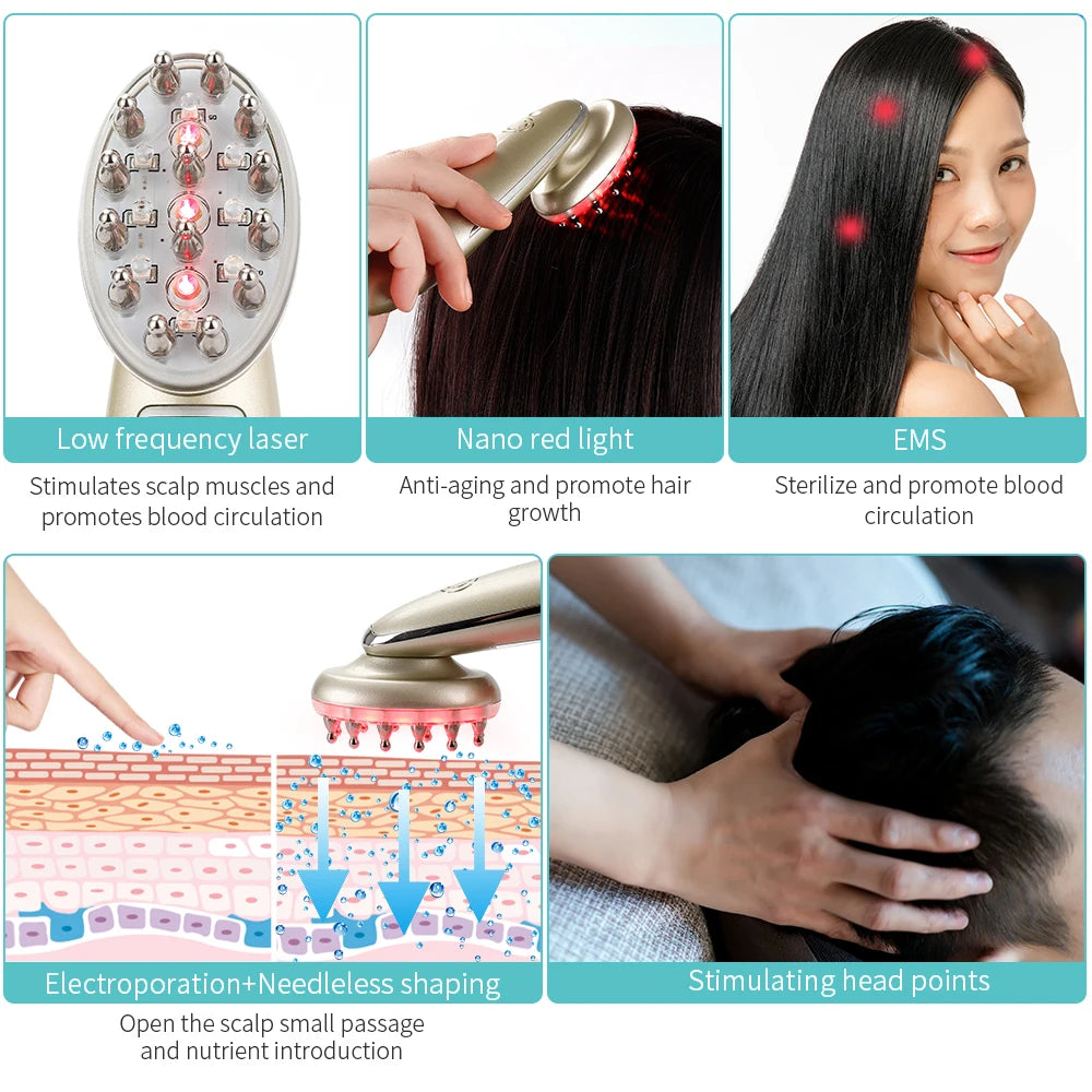 RF Laser Hair Growth Comb Massage Nano Anti Hair Loss Treatment Infrared Red Light EMS Vibration Massager Hair Care Hair Brush LUXLIFE BRANDS