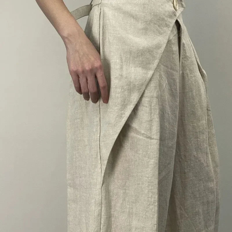 Hikigawa Chic Fashion Women Casual Pleated Wide Leg Pants Linen Texture All Match Loose High Waist Trousers Mujer Pantalones