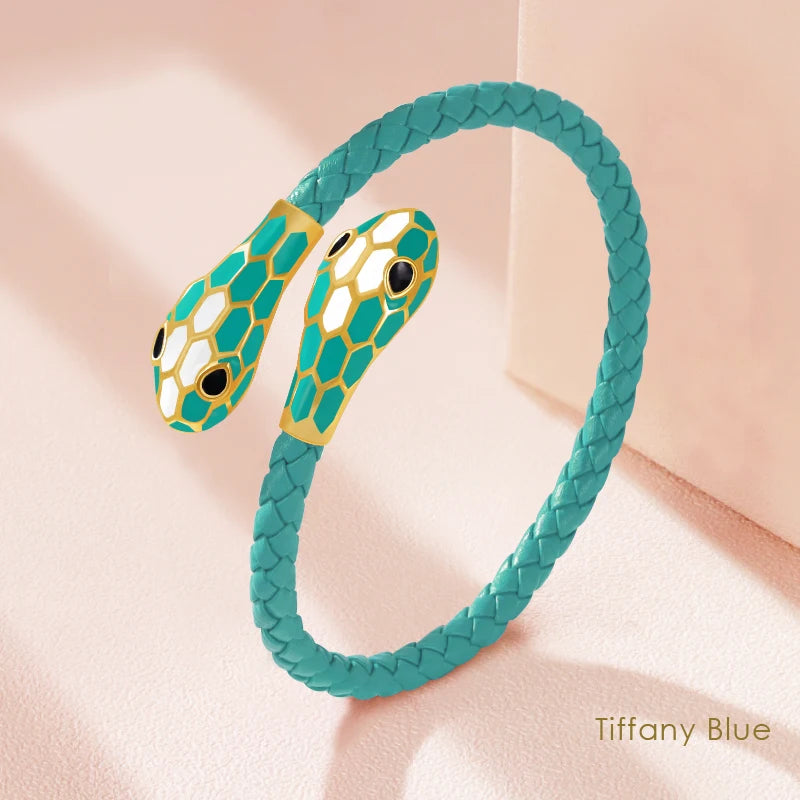 Double Snake Head Cuff Bangles Braided Leather
