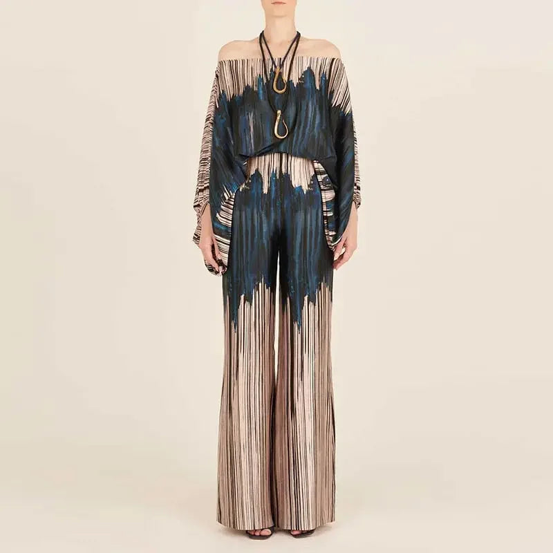 Casual Satin Commuting Suit Fashion Hollow Off Shoulder Tops With Long Pants Women 2 Piece Sets 2023 Spring Loose Print Outfits