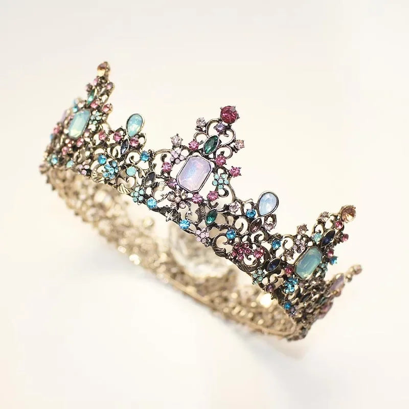 Round Colorful Crystal Rhinestone Wedding Queen Crown Headwear Retro Bridal Crown Color Headwear Crown Party Dress Hair Accessor