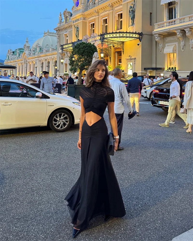 Mozision Hollow Out Short Sleeve Sexy Maxi Dress Women Fashion O Neck Ruched High Waist Bodycon Club Party Long Dress Female Luxlife Brands