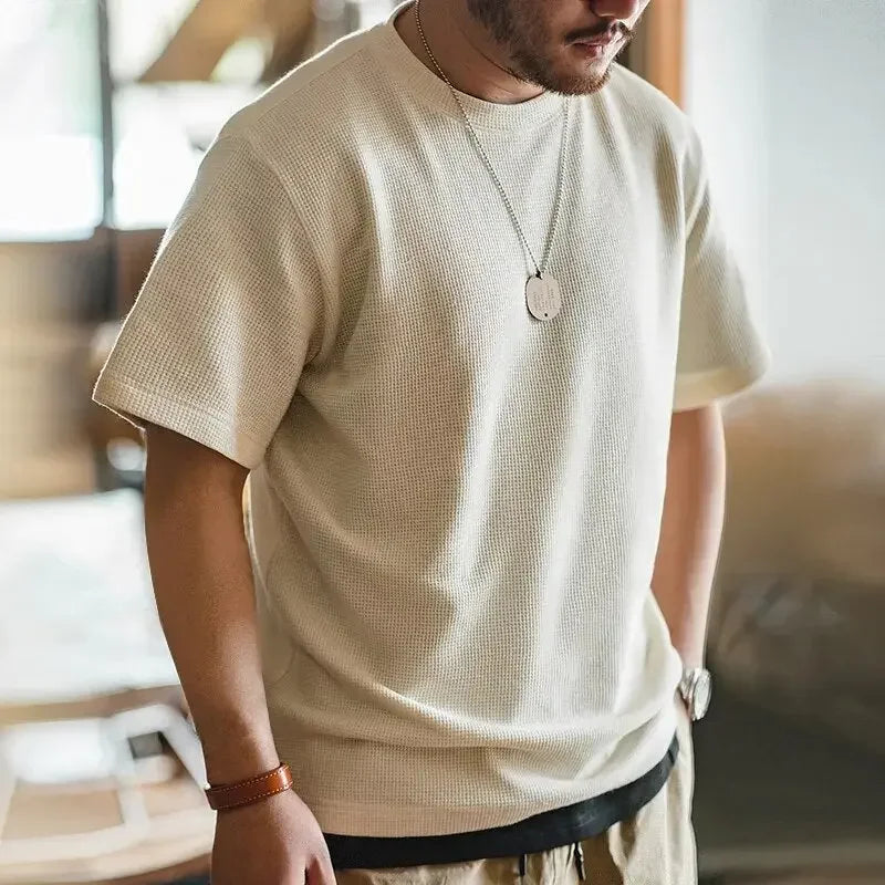 Maden Retro Round Neck Knit Waffle T-shirts for Men Loose Oversize Casual Short Sleeve Tee 2023 Summer Basic Solid Workwear Tops - LUXLIFE BRANDS