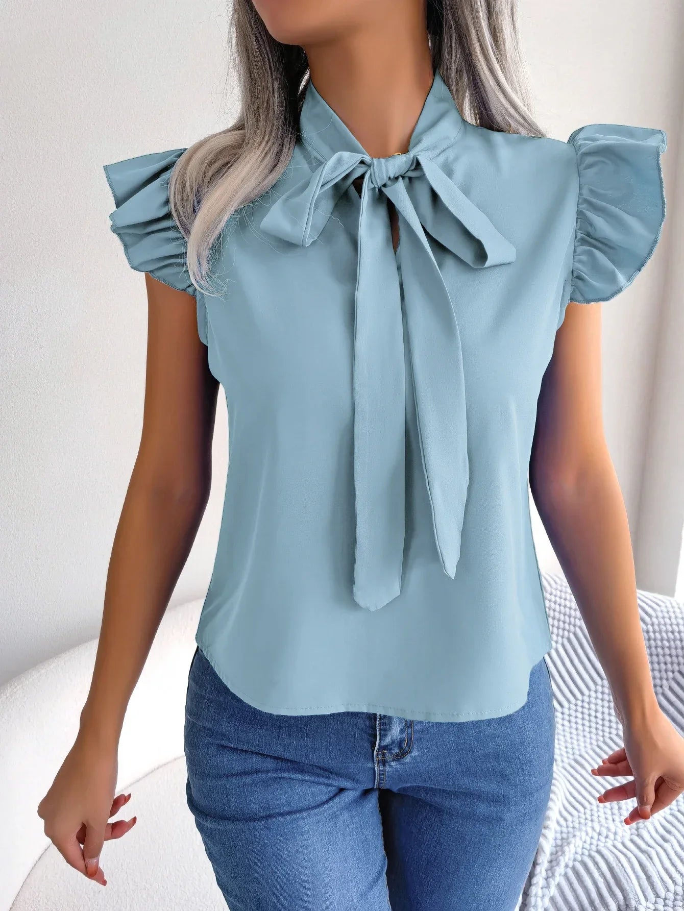 Women Summer Casual Bow Ruffle Short Sleeve Chiffon Blouse