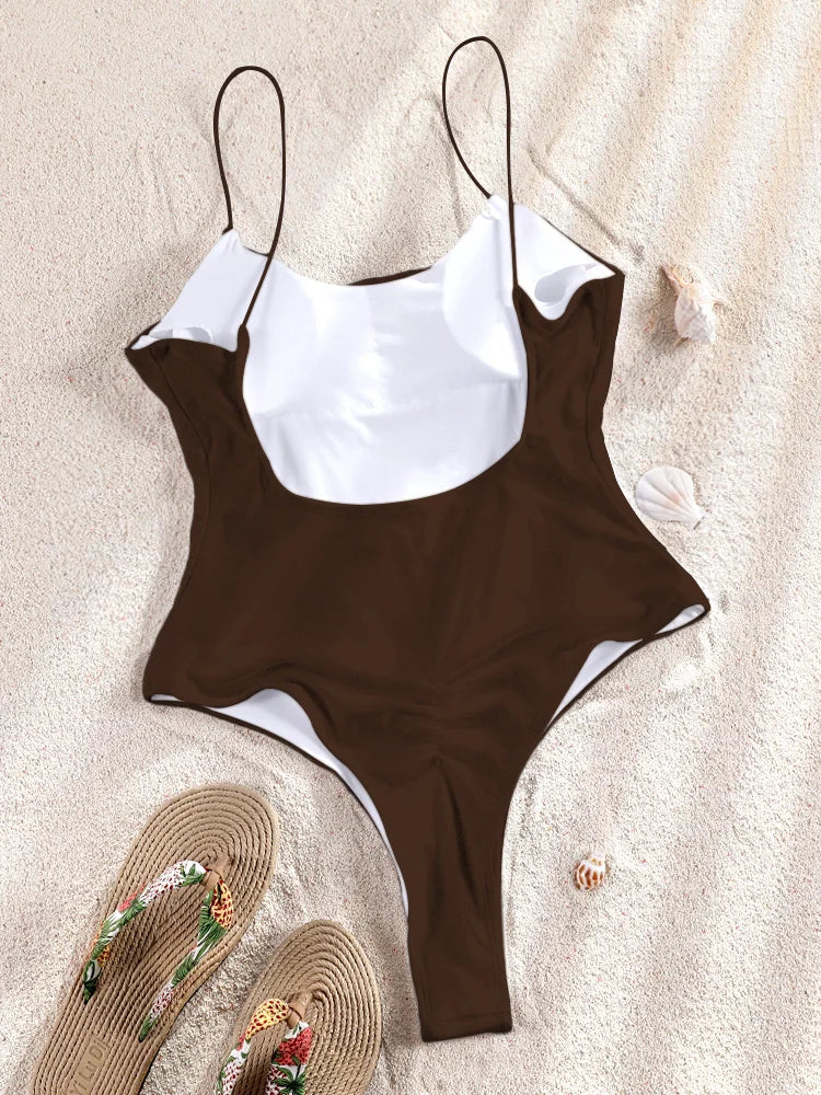 Miyouj Solid Color Swimwear Women's Swimsuit Bandage One Piece Suit High Waist Beachwear High Cut Bathsuit Hollow Out Swimsuits