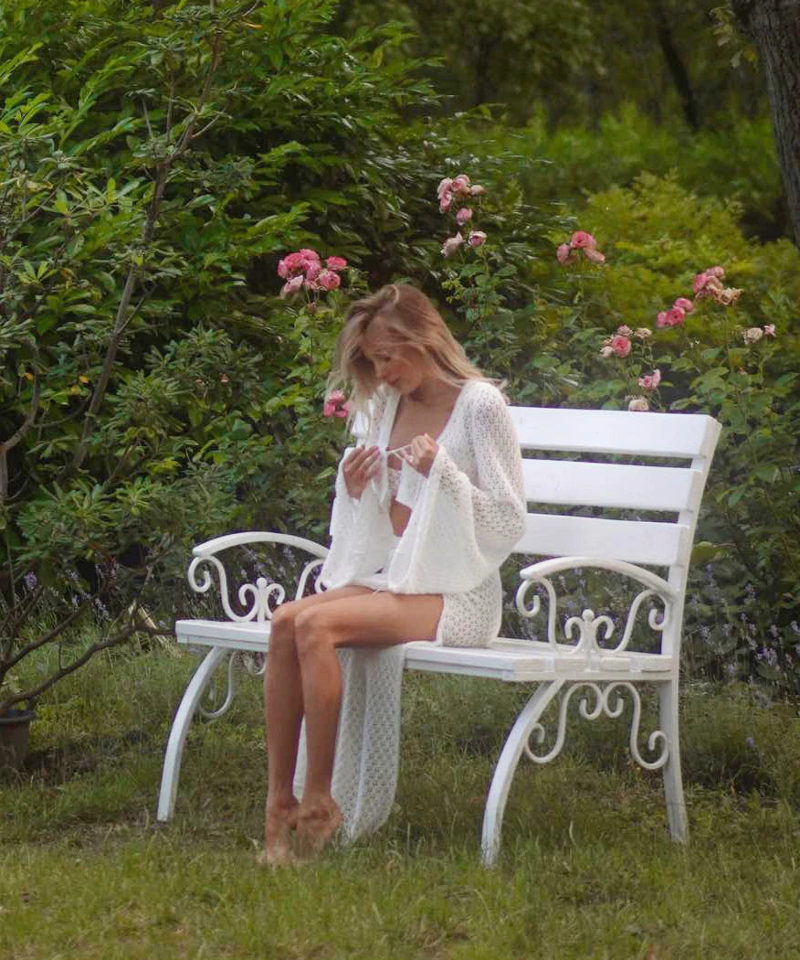 Sexy Knit Set White Cut Out Swimsuit Cover Up 2025 Women's Summer Bell Sleeve Lace-up Loose Top Beach Half Skirt Two-piece K136 Luxlife Brands