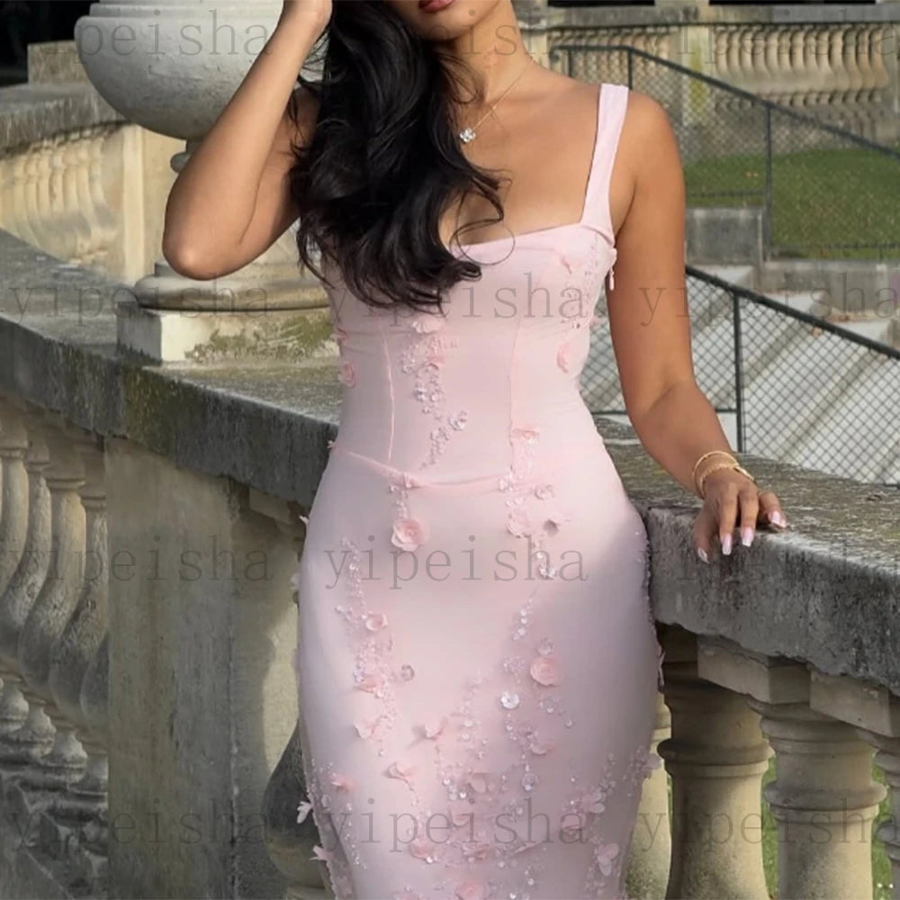 Customized square collar mermaid Evening Dresses spaghetti strap Party Dress 3D Flowers Sequined Lace Appliques Long Prom Gown Luxlife Brands