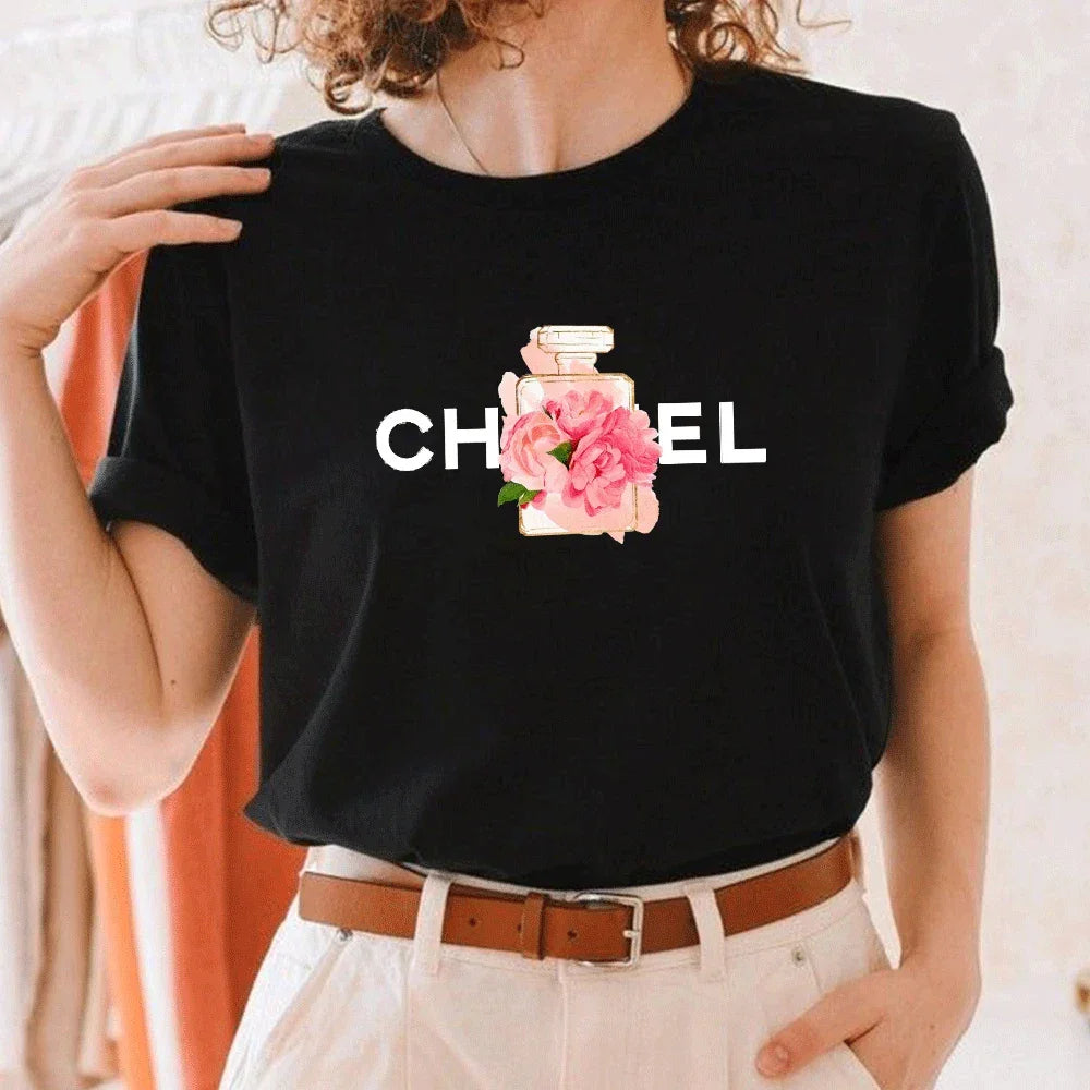 Women Summer T-Shirt Alphabet Flowers Perfume Print Cotton Tees Luxury Short Sleeve Tee Solid Color Street Y2K Top Female Cloth LUXLIFE BRANDS