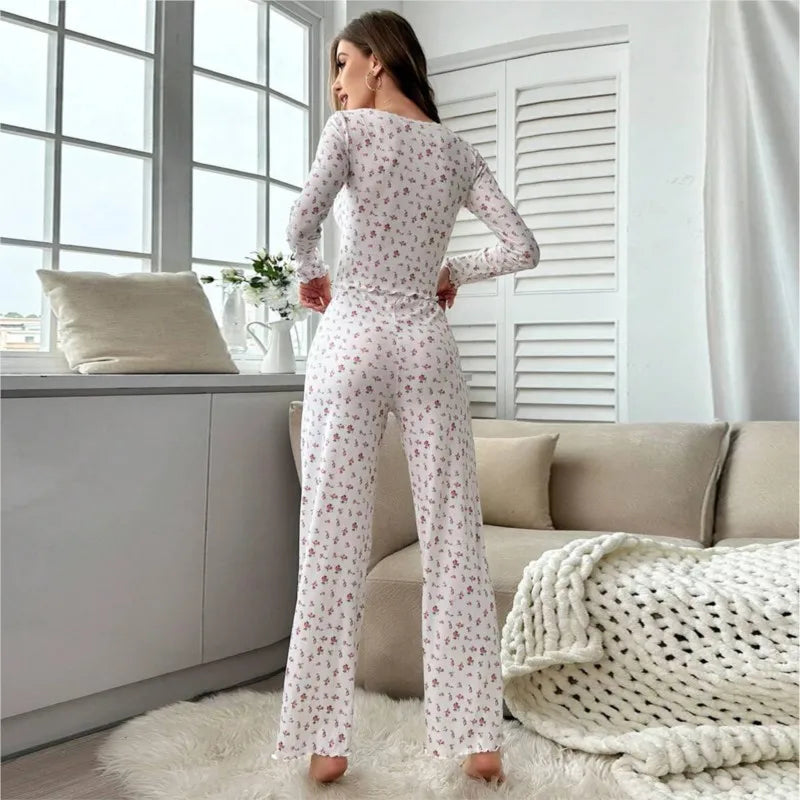 Women Floral Print Pajama Sets Long Sleeve Top +Pants Lovely Loungewear Set Female Home Clothes Elastic Waistband Nightwear Suit