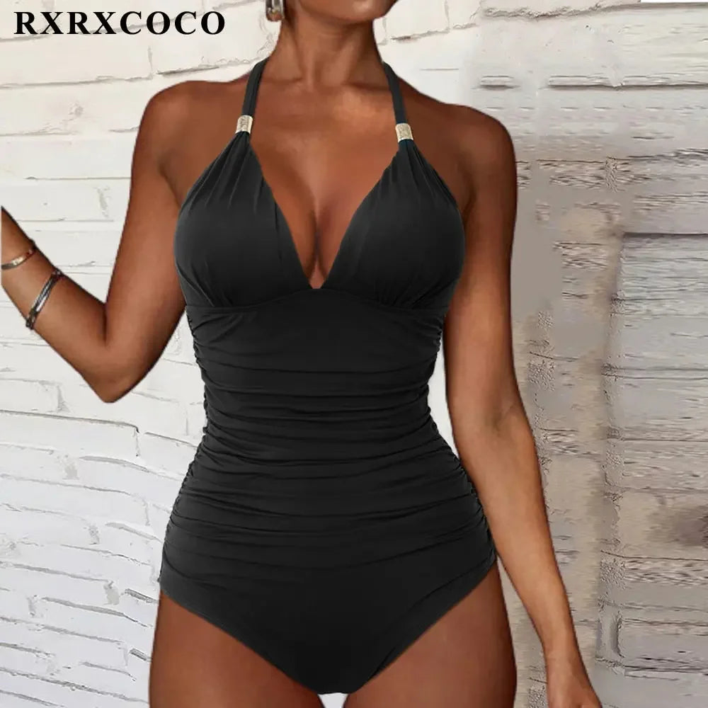 RXRXCOCO Women's Swimsuit One Piece Push Up Swimwear Women Neck Hanging Backless Sexy Bathing Suit Black Blue Beachwear Swimsuit