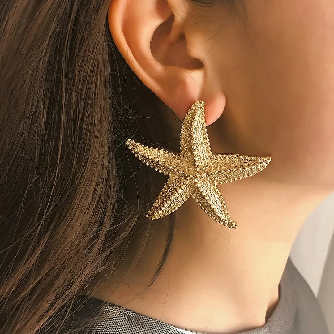 Exaggerated Boho Large Metal Starfish Stud Earrings for Women Ladies Trendy Summer Gold Color Earrings 2023 Fashion Jewelry New Luxlife Brands