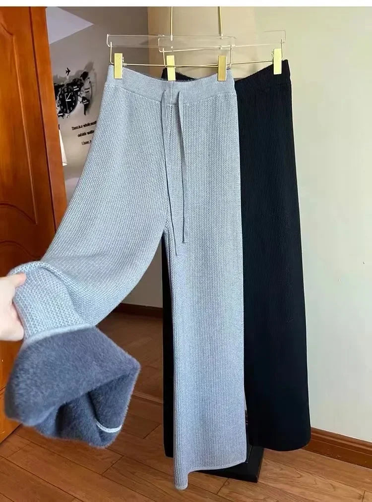 2023 Slim Simple Knit Wide-leg Pants Women's Autumn and Winter High-waisted Moped Pants Thick Casual Pants Straight Luxlife Brands