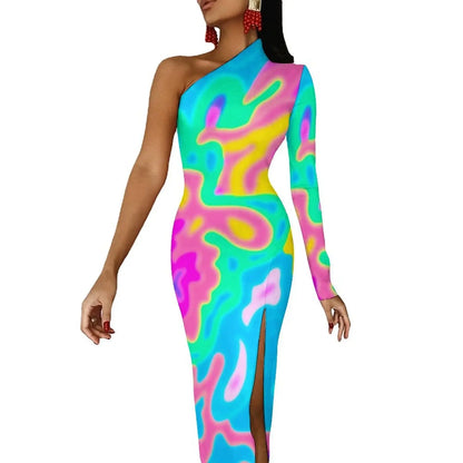 Neon Paint Long Dress Women Graffiti Splatter Print Party Maxi Dress Summer Long Sleeve Sexy Bodycon Dresses Side Split Clothes