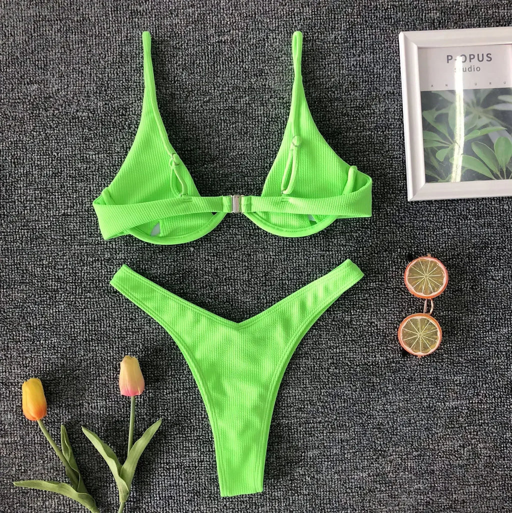 Neon Green Sexy Underwire Bikini Set 2024 Women Solid Leopard Push Up Micro Swimsuit Summer Bathing Suit Thong Swimwear Biquini LUXLIFE BRANDS
