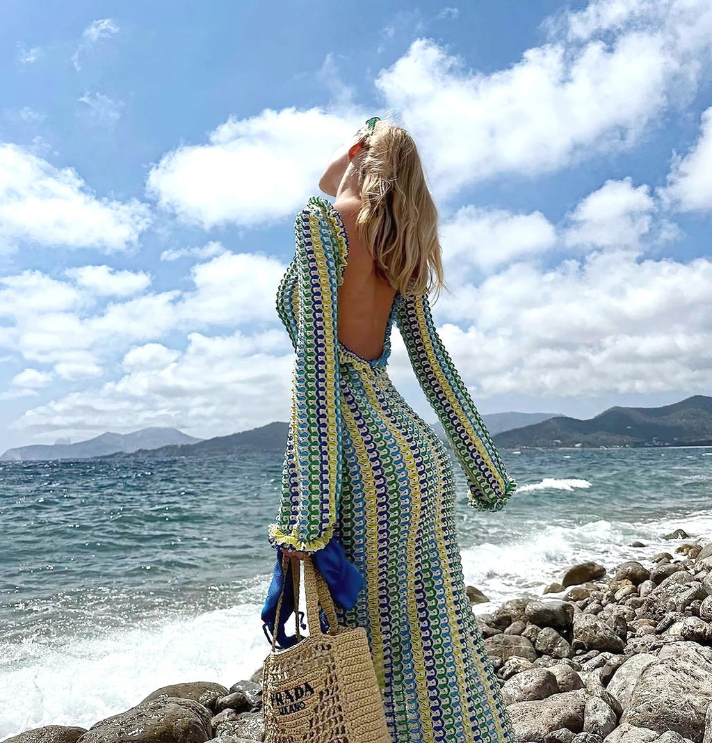 Sexy Backless Flare Sleeve Lace Knit Cut Out Party Beach Maxi Dress 2025 Summer Women Vacation Beachwear Swimsuit Cover Up A2815 Luxlife Brands