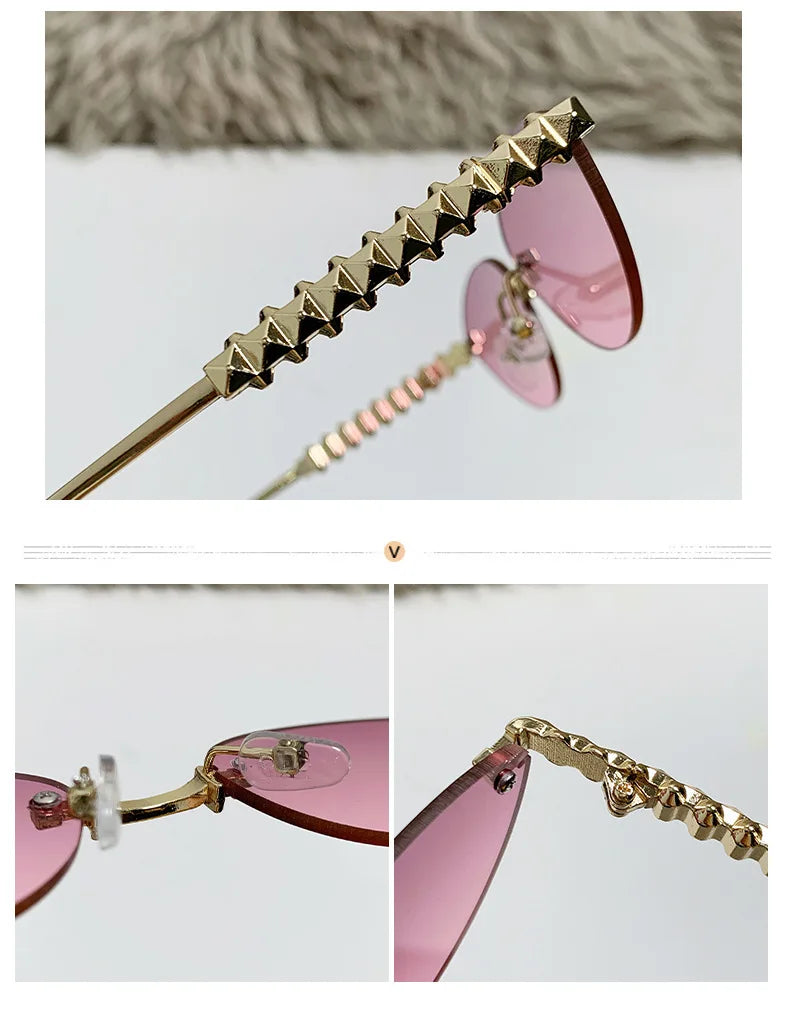New Cat Eye Rivet Rimless Sunglasses Women Luxury Fashion Brand Oval Narrow Sun Glasses Shades Trendy Elegant Unique Eyewear