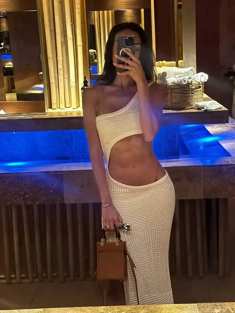 Women Y2k Knit Wrap Beach Maxi Dress Cut Out Beachwear Cover Up Sexy One Shoulder Crochet Bodycon Dress Party Club Outfit K25 Luxlife Brands