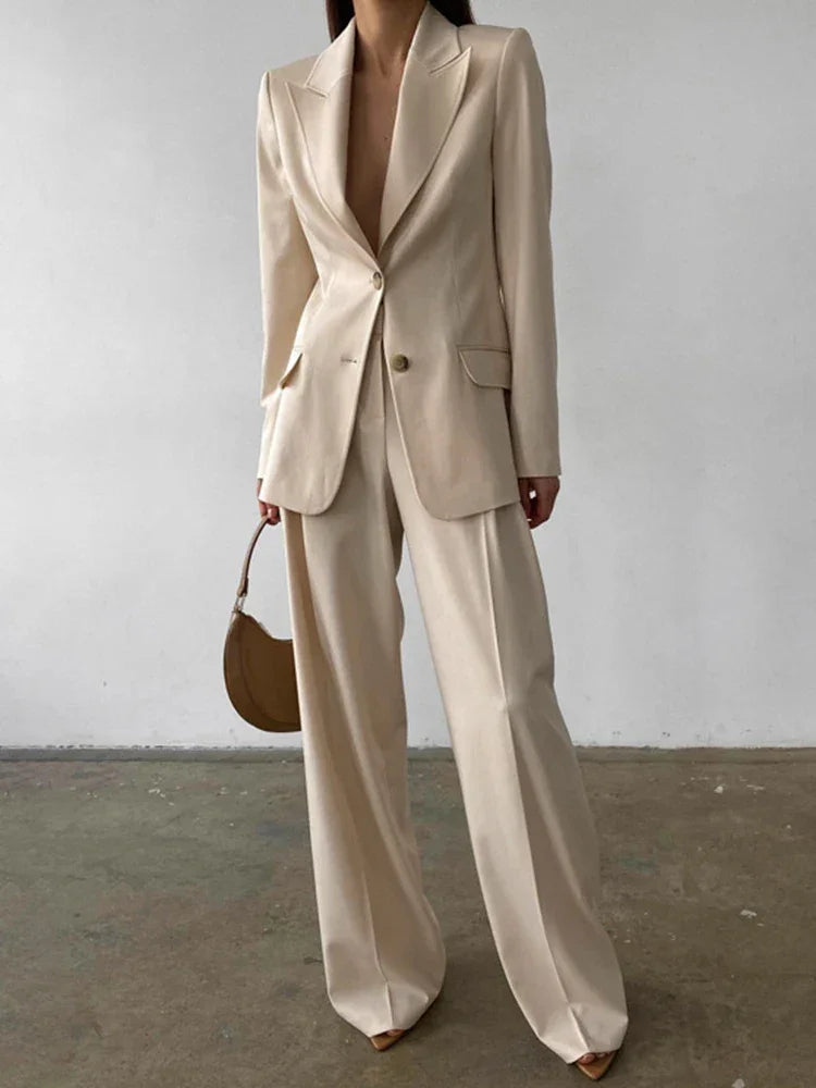 Aynaray 2023 Autumn Winter Women Office Suit Sets Solid Khaki V-neck Long Sleeve 2 Piece Pant Set For Women Luxlife Brands