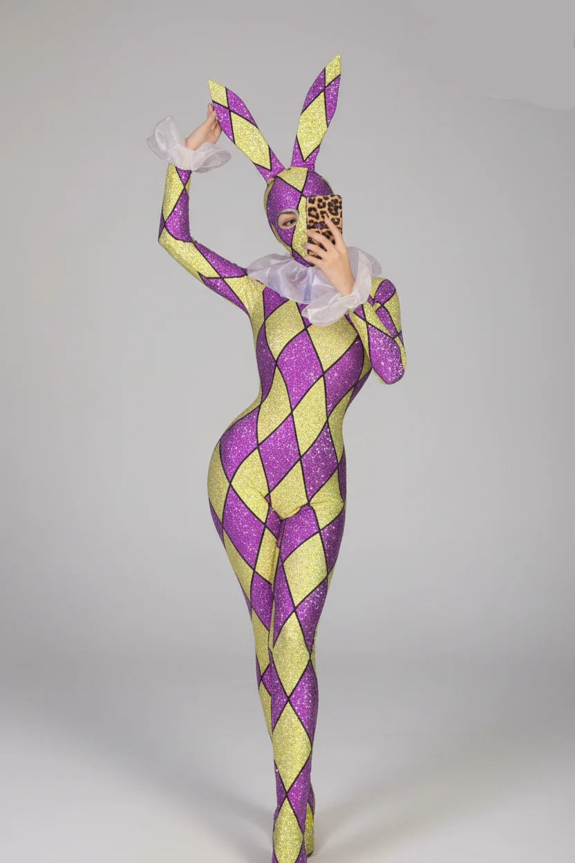Futuristic Geometric Rhinestone Bunny Bodysuit – Luxury Showgirl Stage Costume & Exotic Festival Leotard with Statement Collar