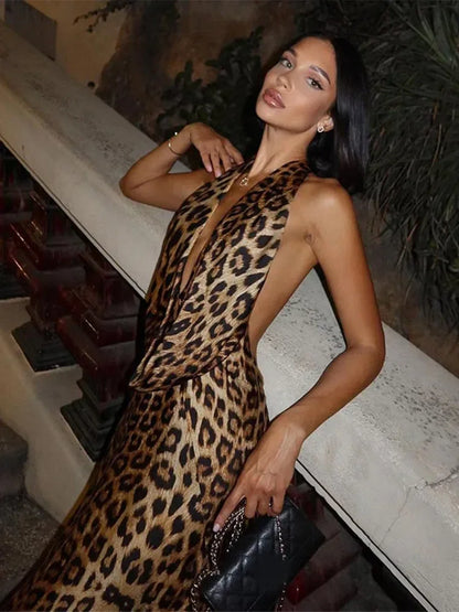 Women Elegant Leopard Print Lace-up Halter Dress Sexy Backless Deep V-neck Slim Long Dresses 2024 New Lady High Street Partywear